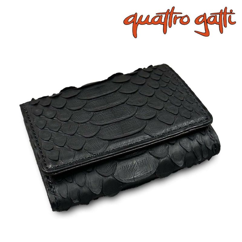 クアトロガッティ 財布 パイソン ミニ財布(三つ折り財布) ブラック 国産(日本製) Quattro Gatti 8208